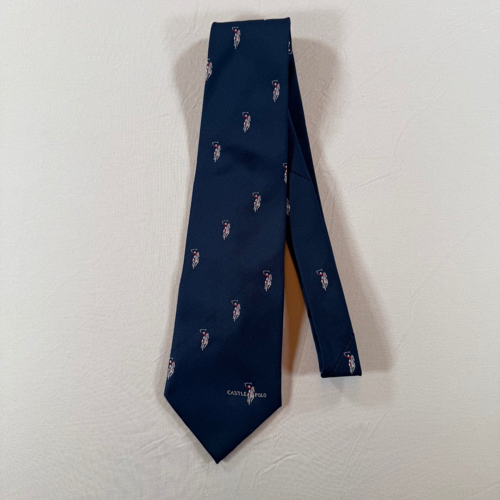 Castle Polo Necktie Navy Blue Polo Player‎ Equestrian Classic Mens Tie